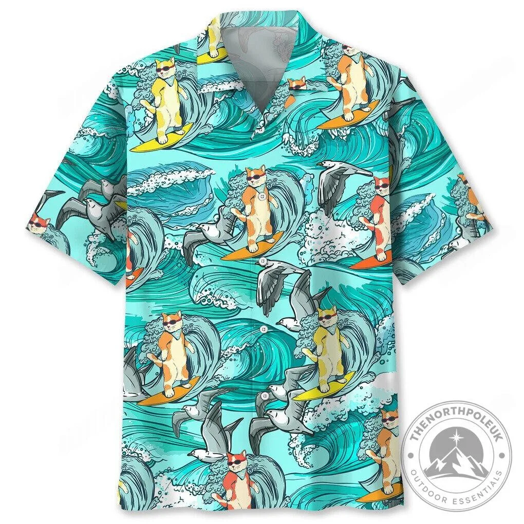 Funny Surfing Cats and Seagulls Ocean Waves Hawaiian Shirt