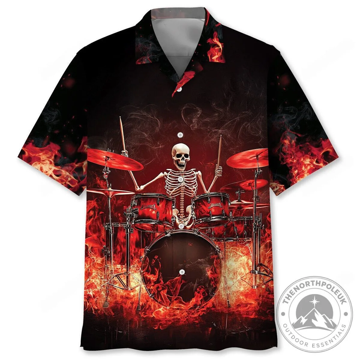 Halloween Skeleton Drummer On Fire Skull Rock Music Hawaiian Shirt