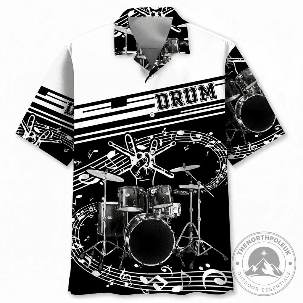 Drum Kit Music Notes Black and White Hawaiian Shirt