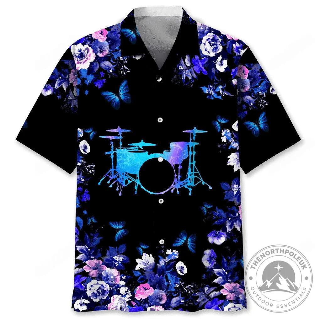 Drum Kit Floral Butterfly Pattern Black Hawaiian Shirt for Musicians