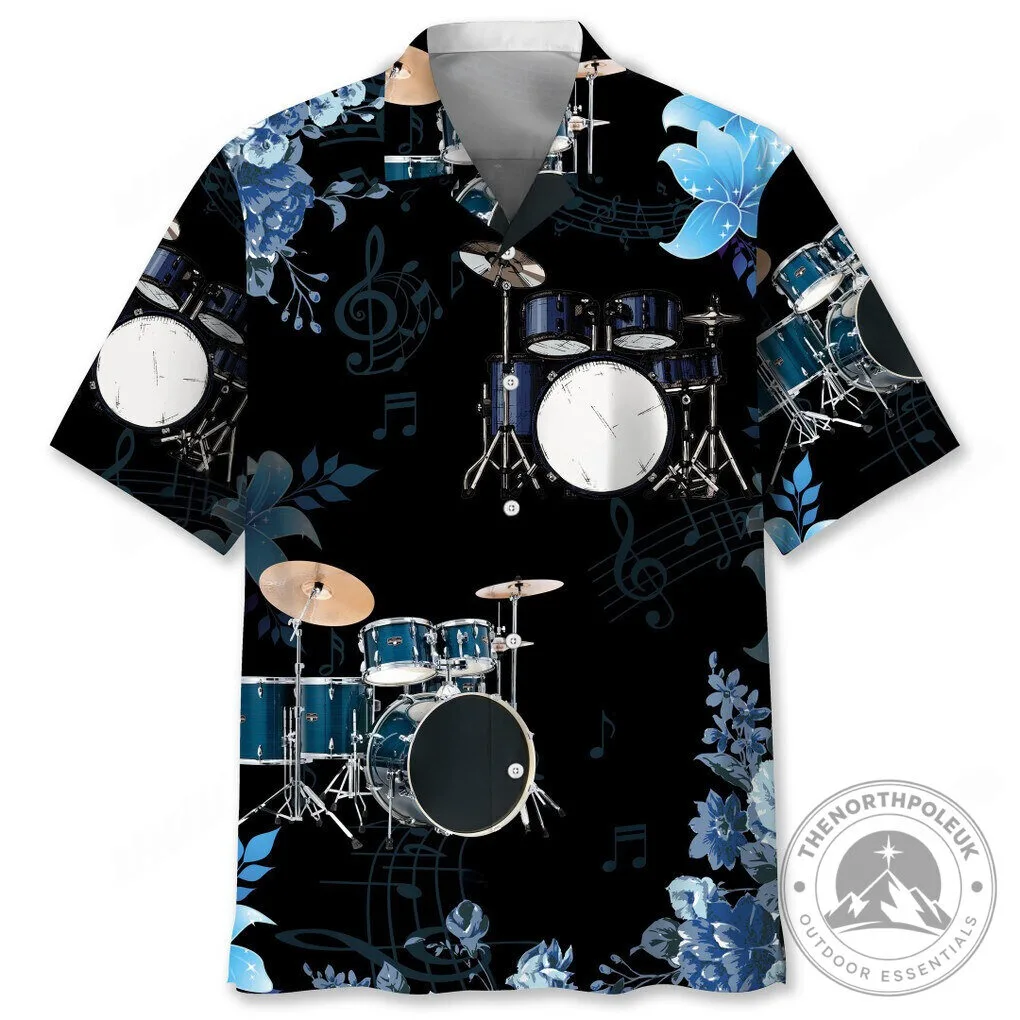 Drum Kit Floral Pattern Music Notes Black Hawaiian Shirt 1 Drum Kit Floral Pattern Music Notes Black Hawaiian Shirt