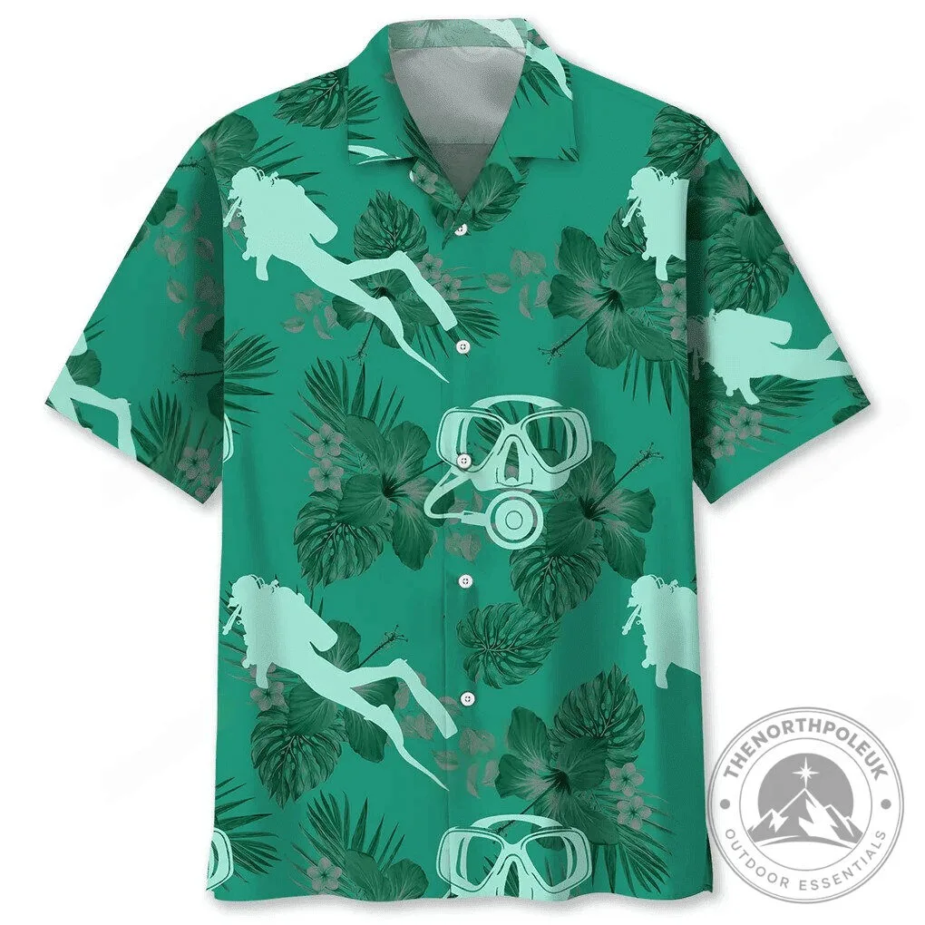 Scuba Diving Green Hawaiian Shirt with Tropical Flowers and Divers