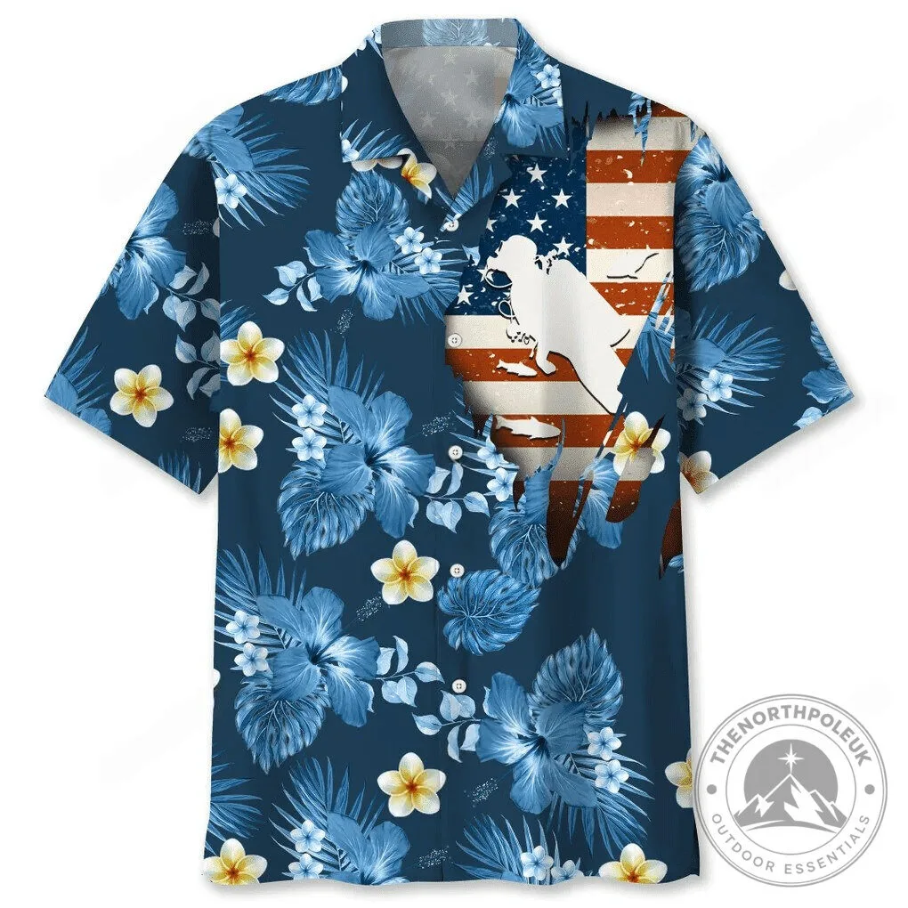 Scuba Diving United States Flag Tropical Floral Hawaiian Shirt