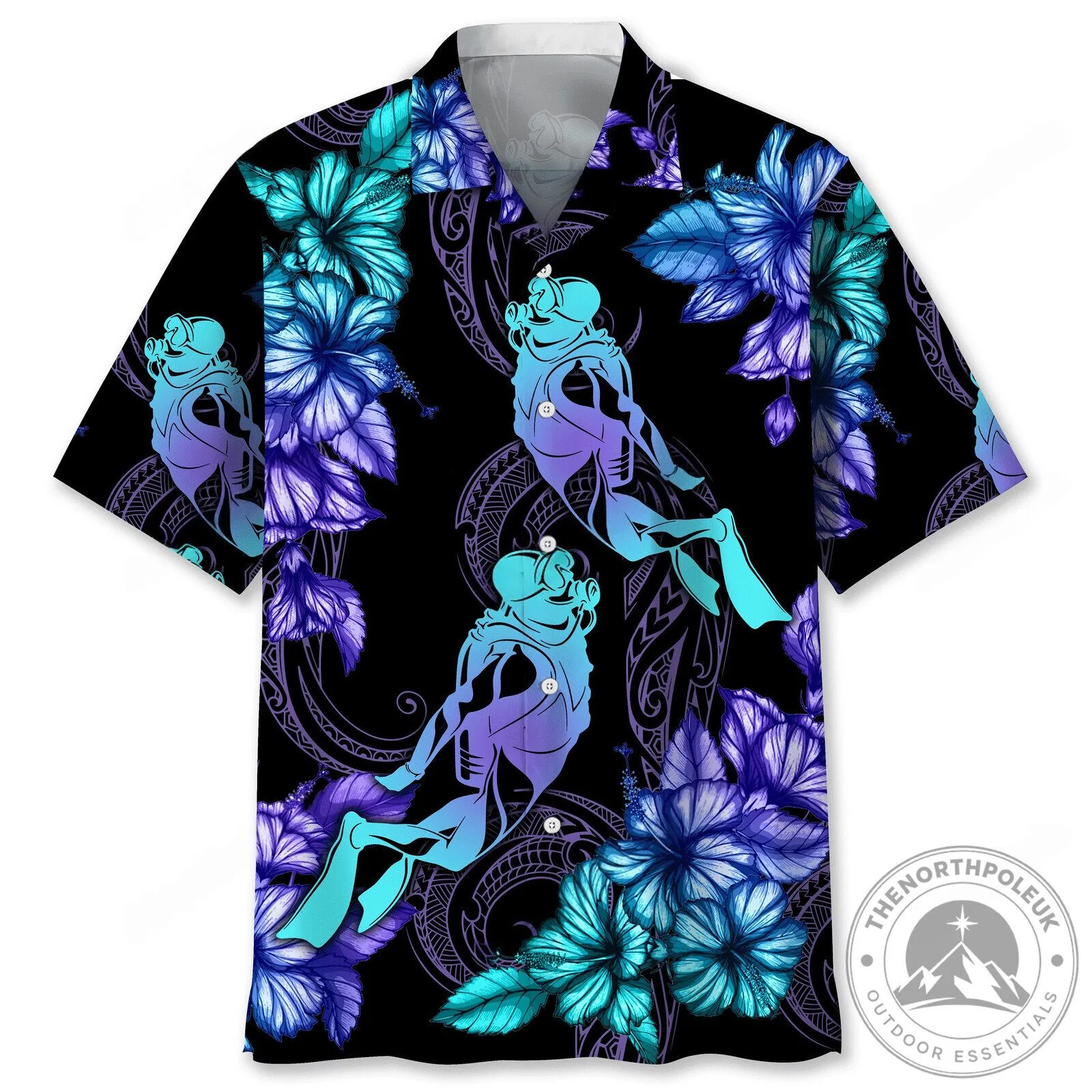 Scuba Diving Tropical Hibiscus Flower Pattern Hawaiian Shirt