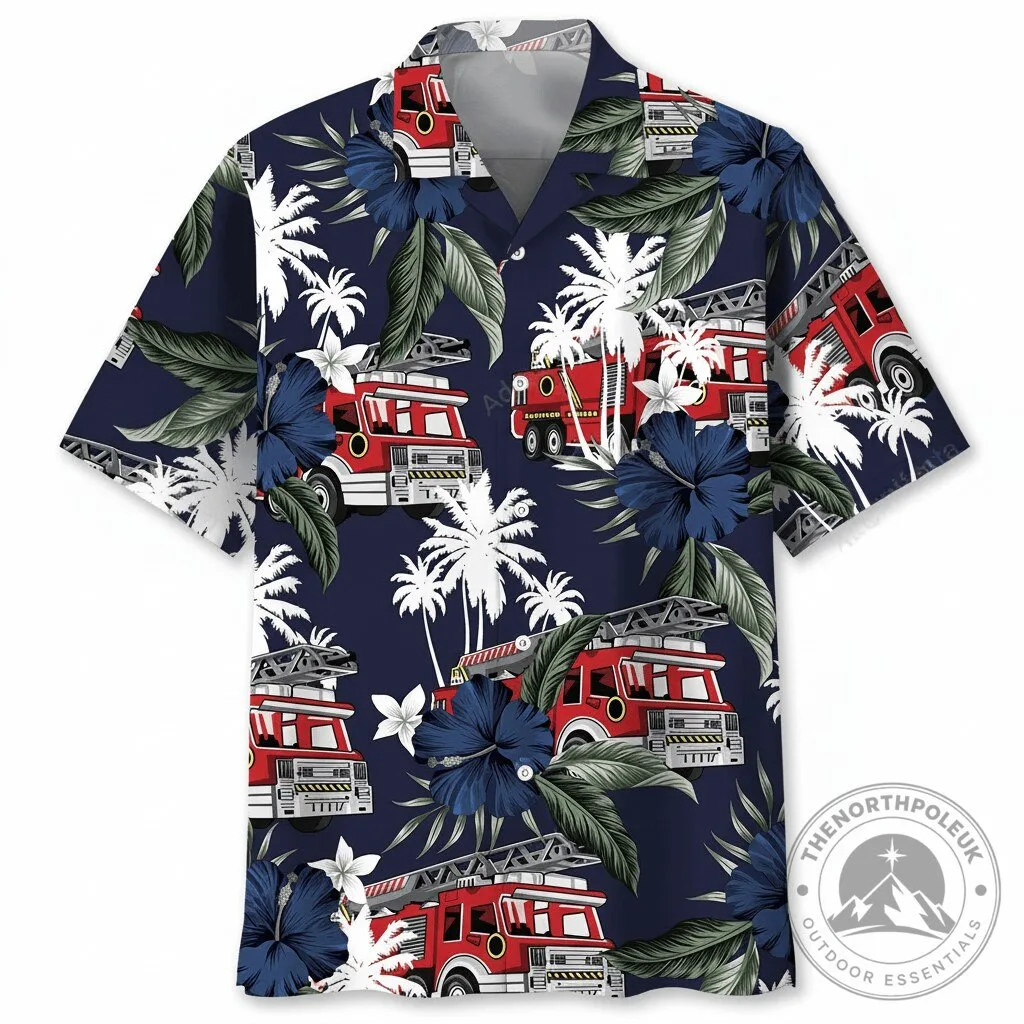 Fire Truck and Palm Trees Dark Blue Hawaiian Shirt for Men