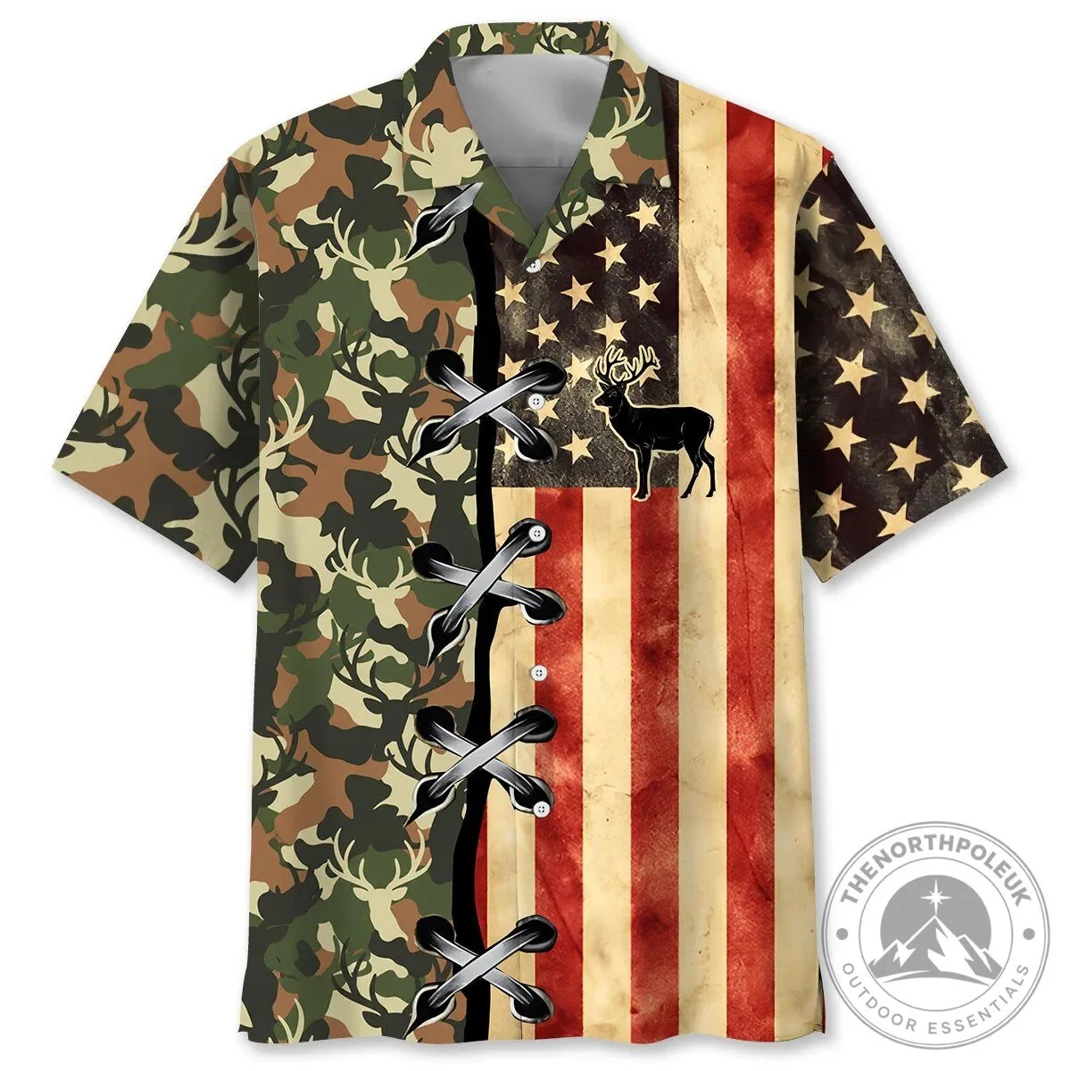 American Flag Deer Hunter Camouflage Pattern Men's Hawaiian Shirt