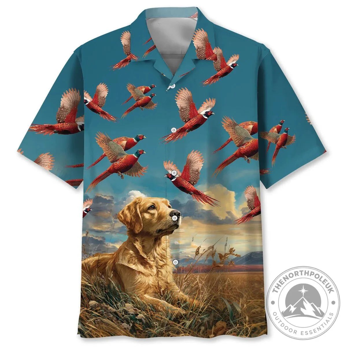 Golden Retriever Dog Hunting Pheasant Birds Blue Sky Hawaiian Shirt