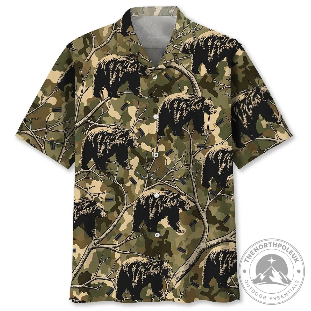 Camouflage Black Bear Hunting Hawaiian Shirt with Tree Branches and Bullet Casings
