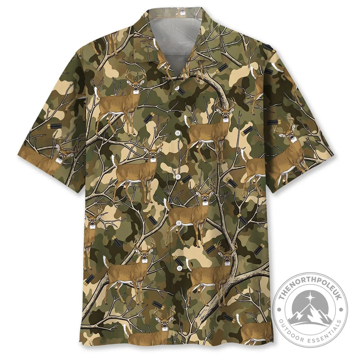 Camouflage White-tailed Deer Hunting Hawaiian Shirt with Bullet Casings