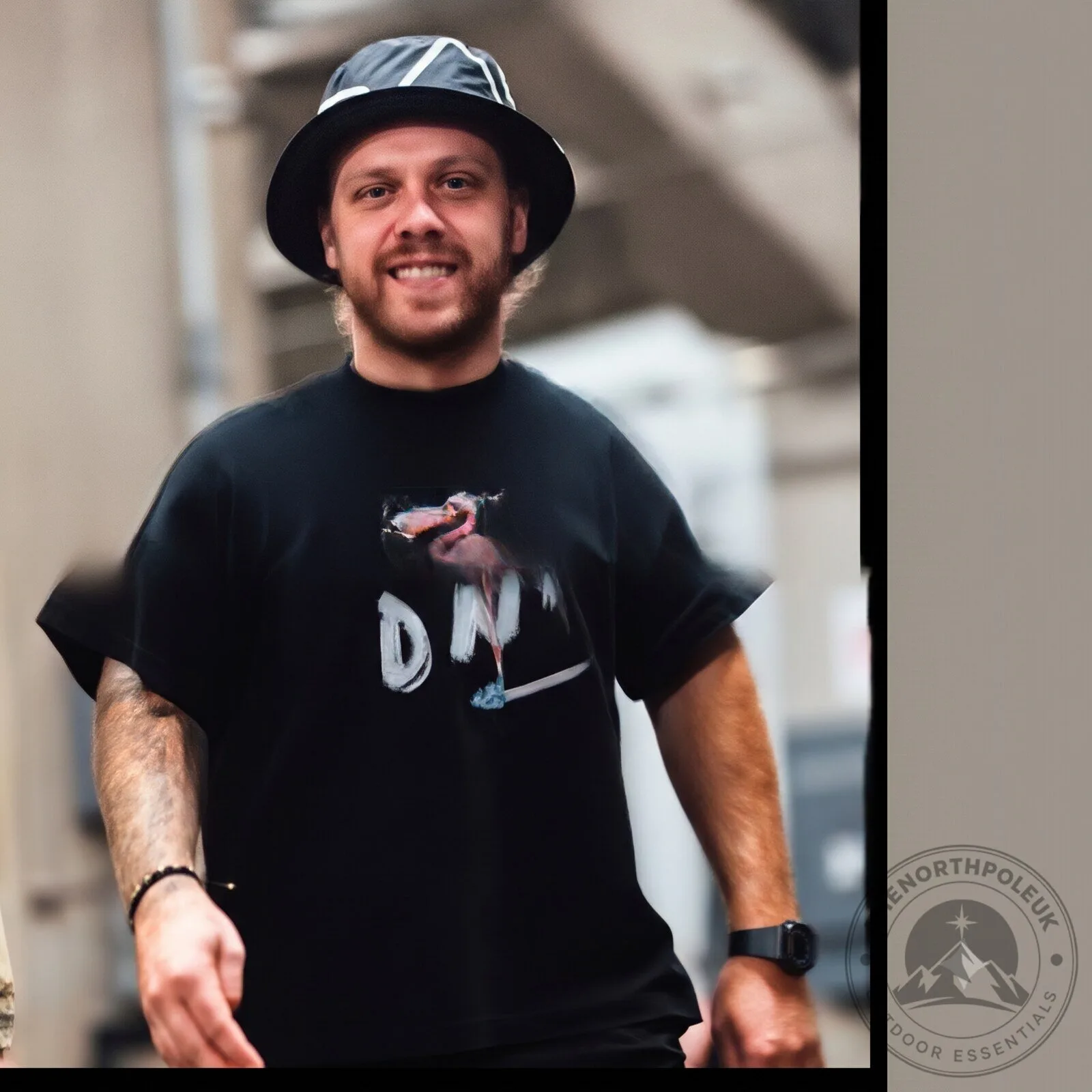The black T-shirt in the photo features a flamingo design.