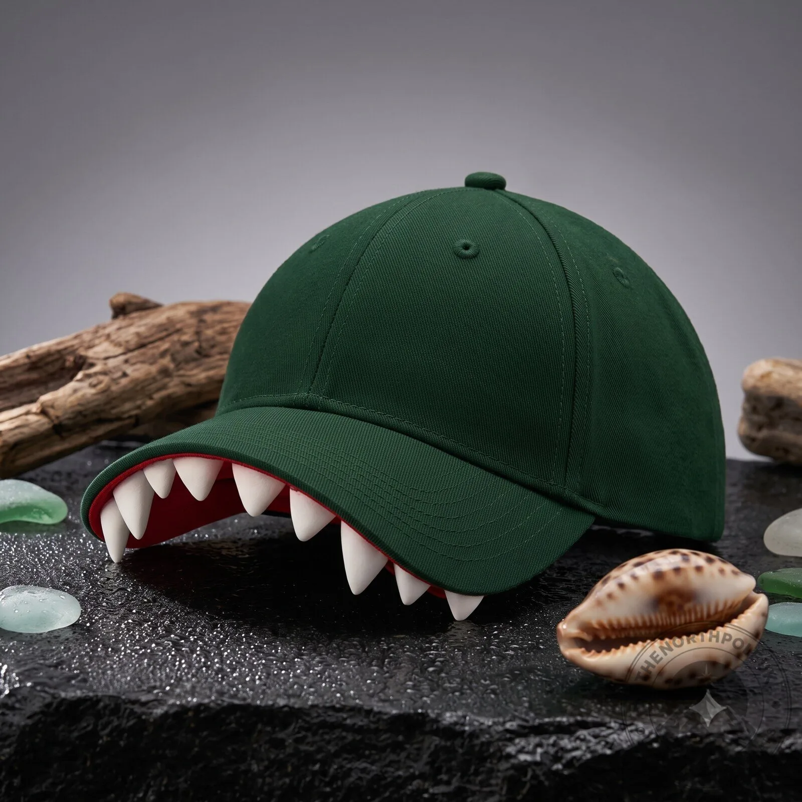 Green baseball cap featuring a crocodile teeth design.