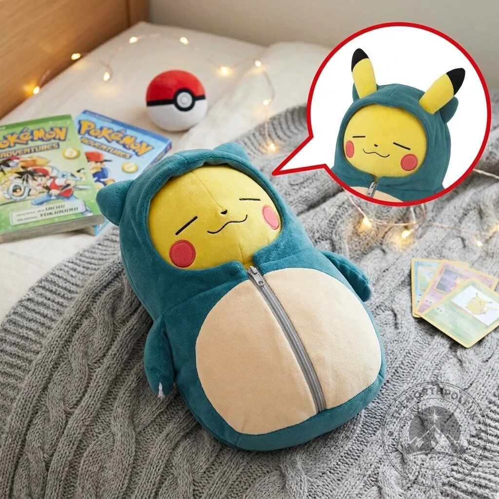 Pikachu plush toy wearing a Snorlax sleeping bag 4 Pikachu plush toy wearing a Snorlax sleeping bag
