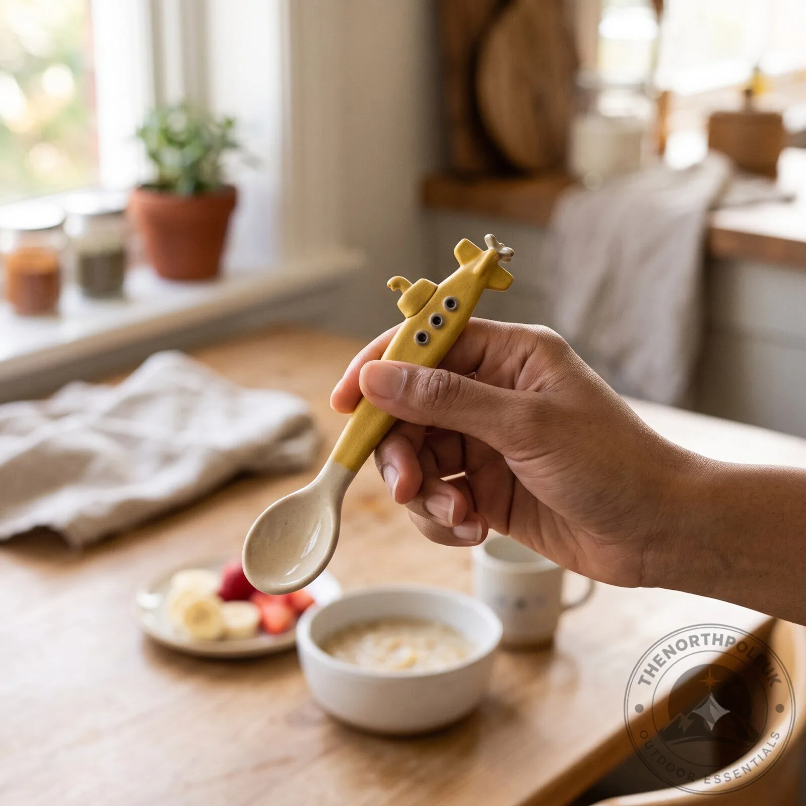The spoon is shaped like a yellow submarine. 5 The spoon is shaped like a yellow submarine.