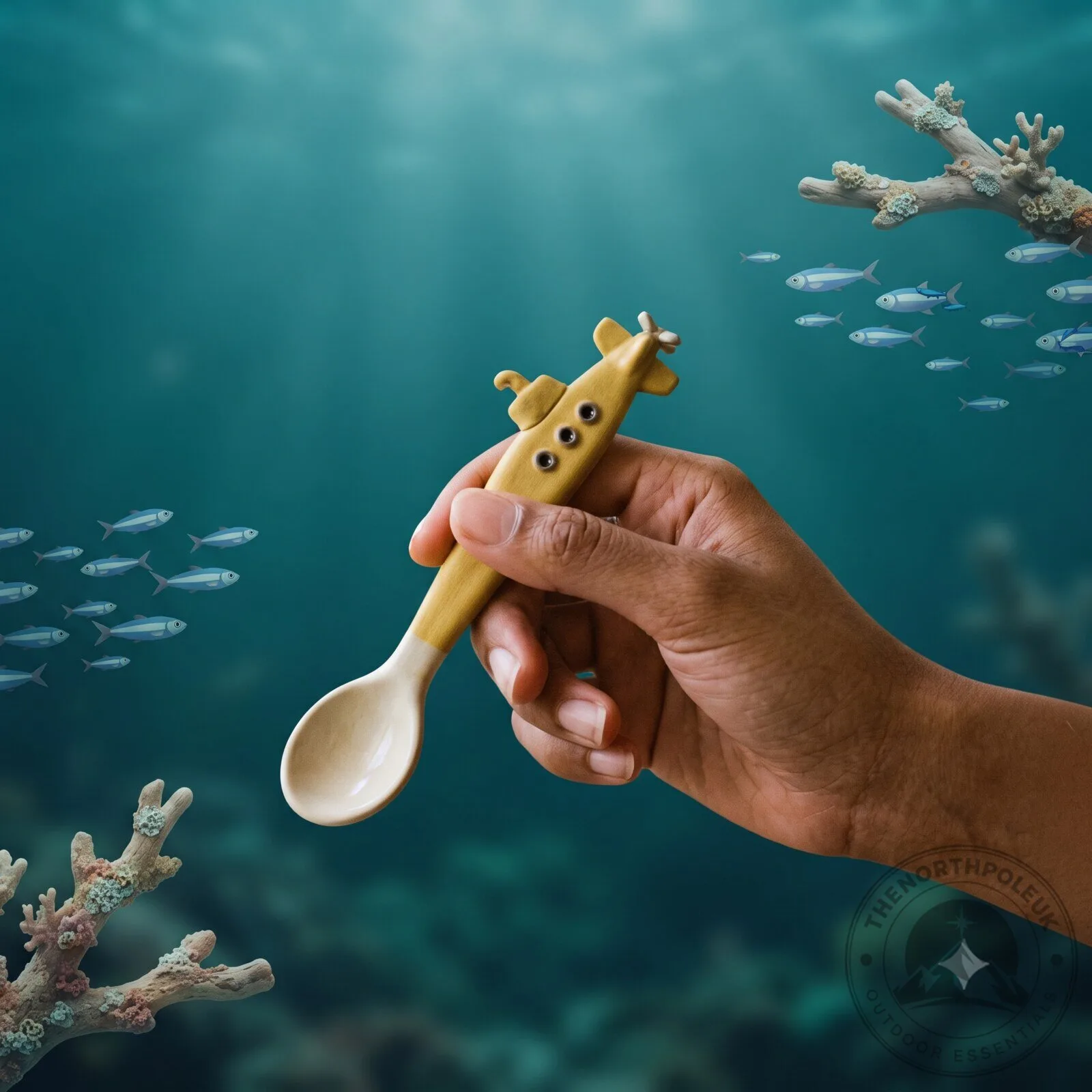 The spoon is shaped like a yellow submarine. 7 The spoon is shaped like a yellow submarine.