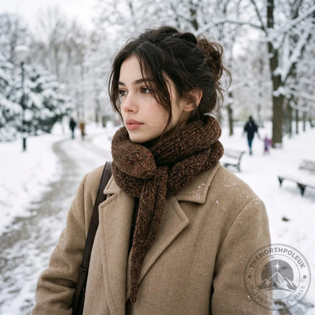 A brown knitted wool scarf featuring a snake design. A brown knitted wool scarf featuring a snake design.