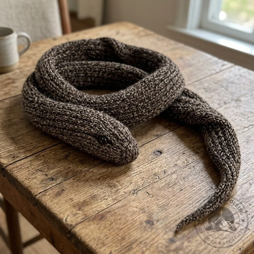 A brown knitted wool scarf featuring a snake design. 4 A brown, knitted wool scarf featuring a snake design.
