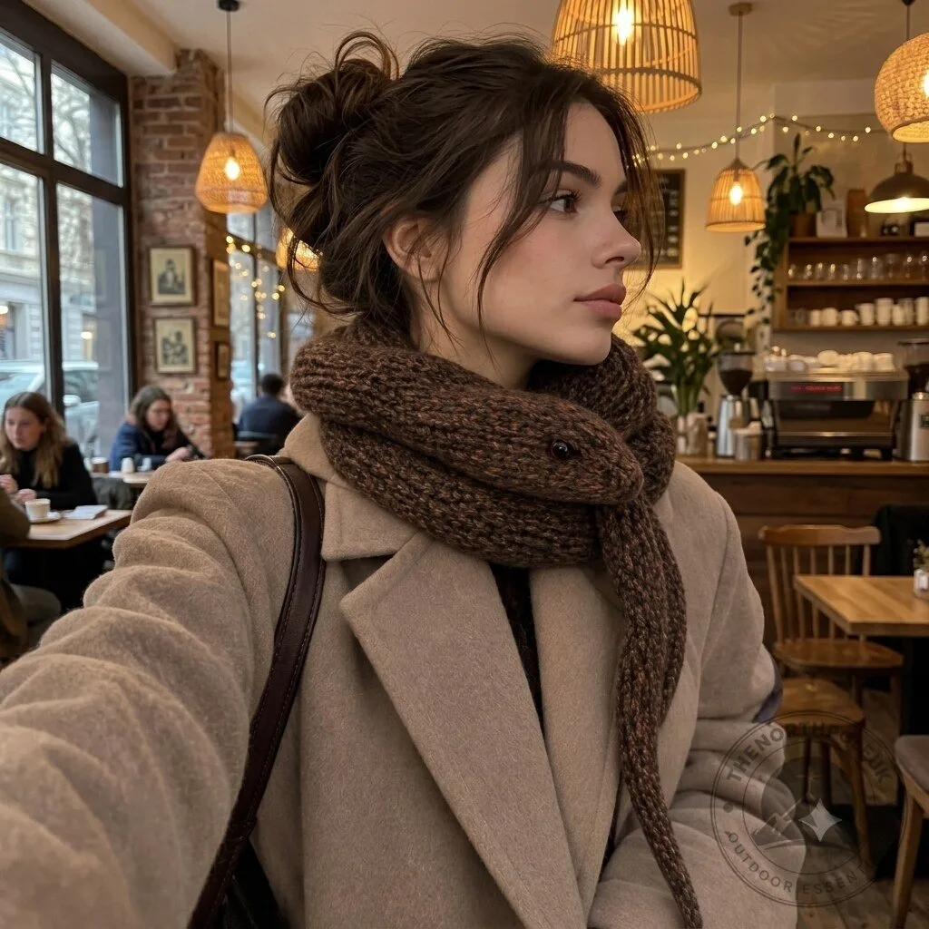 A brown knitted wool scarf featuring a snake design. 5 A brown, knitted wool scarf featuring a snake design.